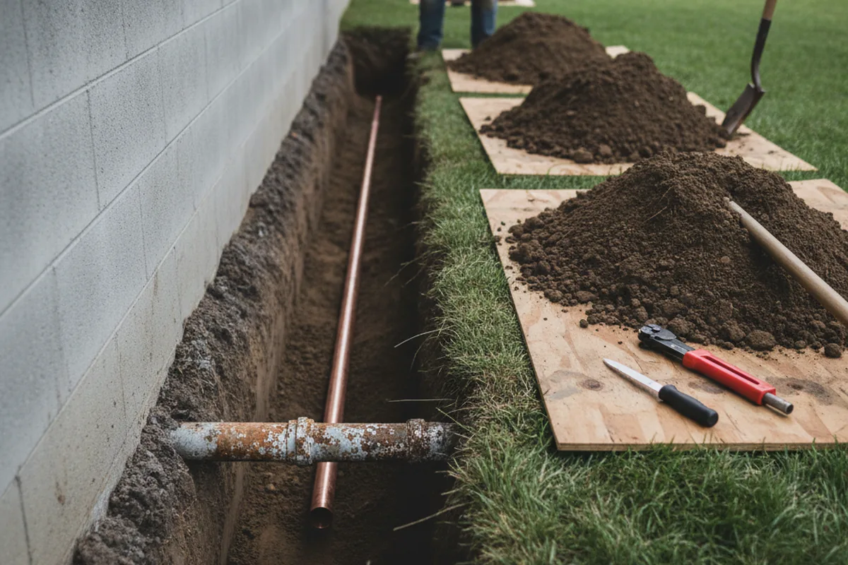 Excavated water line trench during Water Heater Repair in Riverton